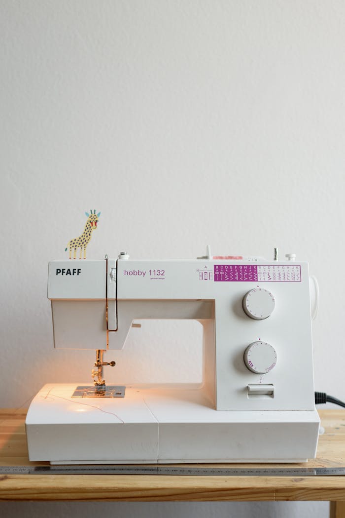 A white Pfaff Hobby 1132 sewing machine on a wooden table with a giraffe figurine.